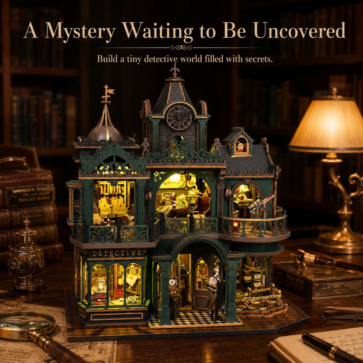 A miniature detective-themed dollhouse or model building displayed on a wooden desk in a warmly lit library or study. The structure is dark teal and black with glowing yellow interior lights, detailed windows, a balcony, and tiny figurines inside.