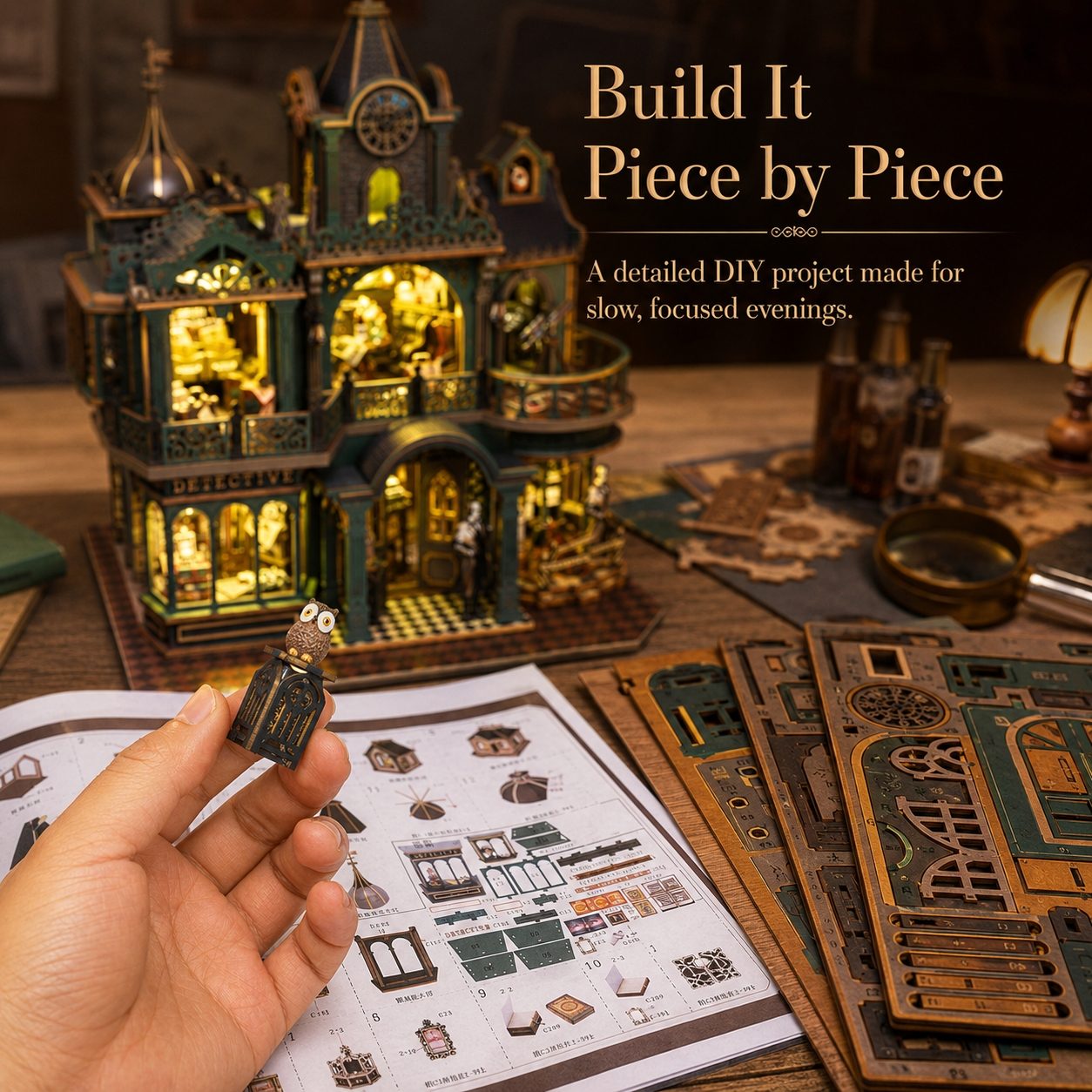 A hand holds a small decorative piece in front of a detailed steampunk-style wooden house model, with printed instructions and metal puzzle pieces laid out on a wooden table. Text on the right reads, 'Build It Piece by Piece' and 'A detailed DIY project made for slow, focused evenings.