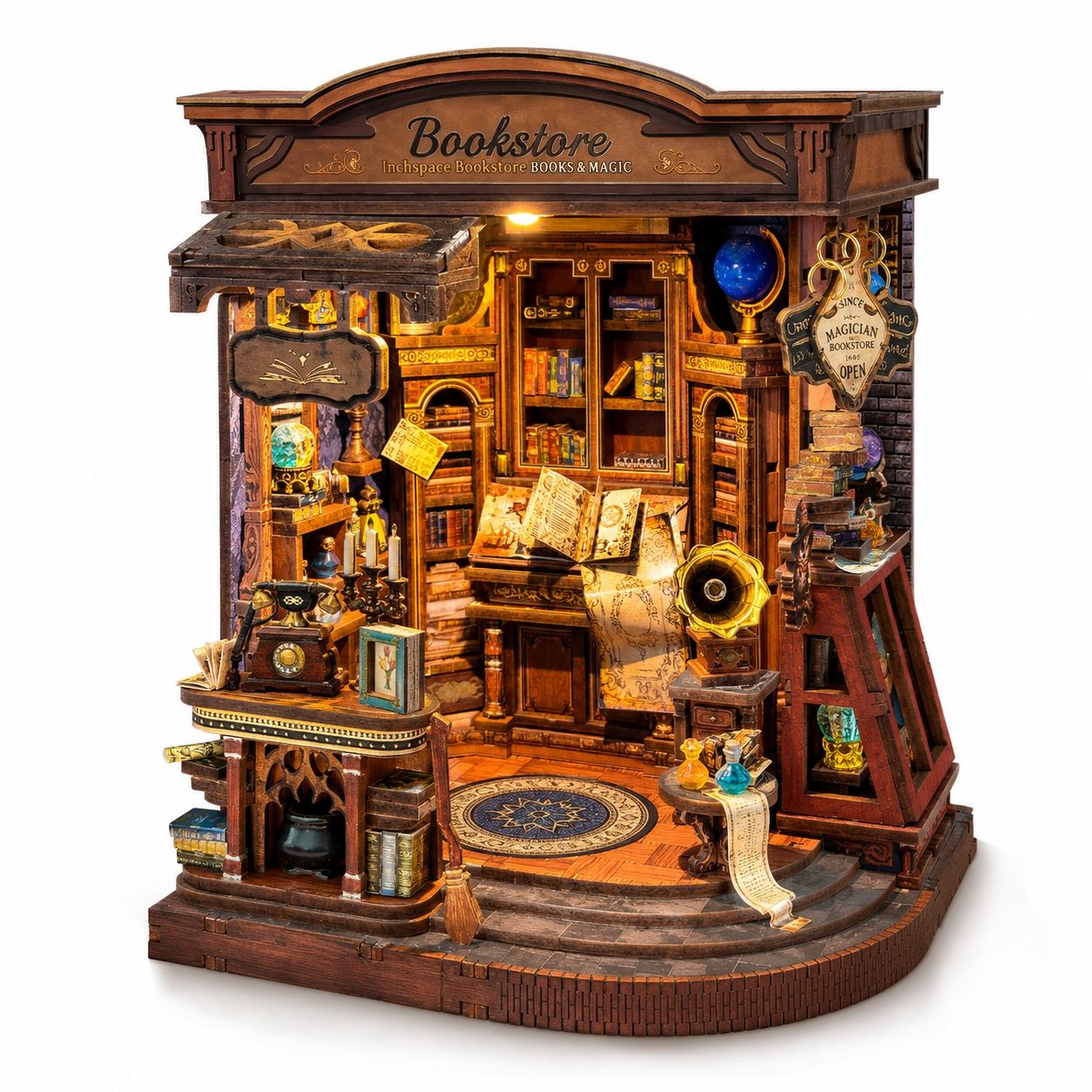 A detailed miniature wooden bookshop diorama with intricate shelves, books, a desk, globe, and vintage props, set against a plain white background.