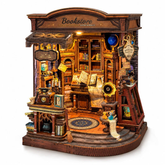 A detailed miniature wooden bookshop diorama with intricate shelves, books, a desk, globe, and vintage props, set against a plain white background.