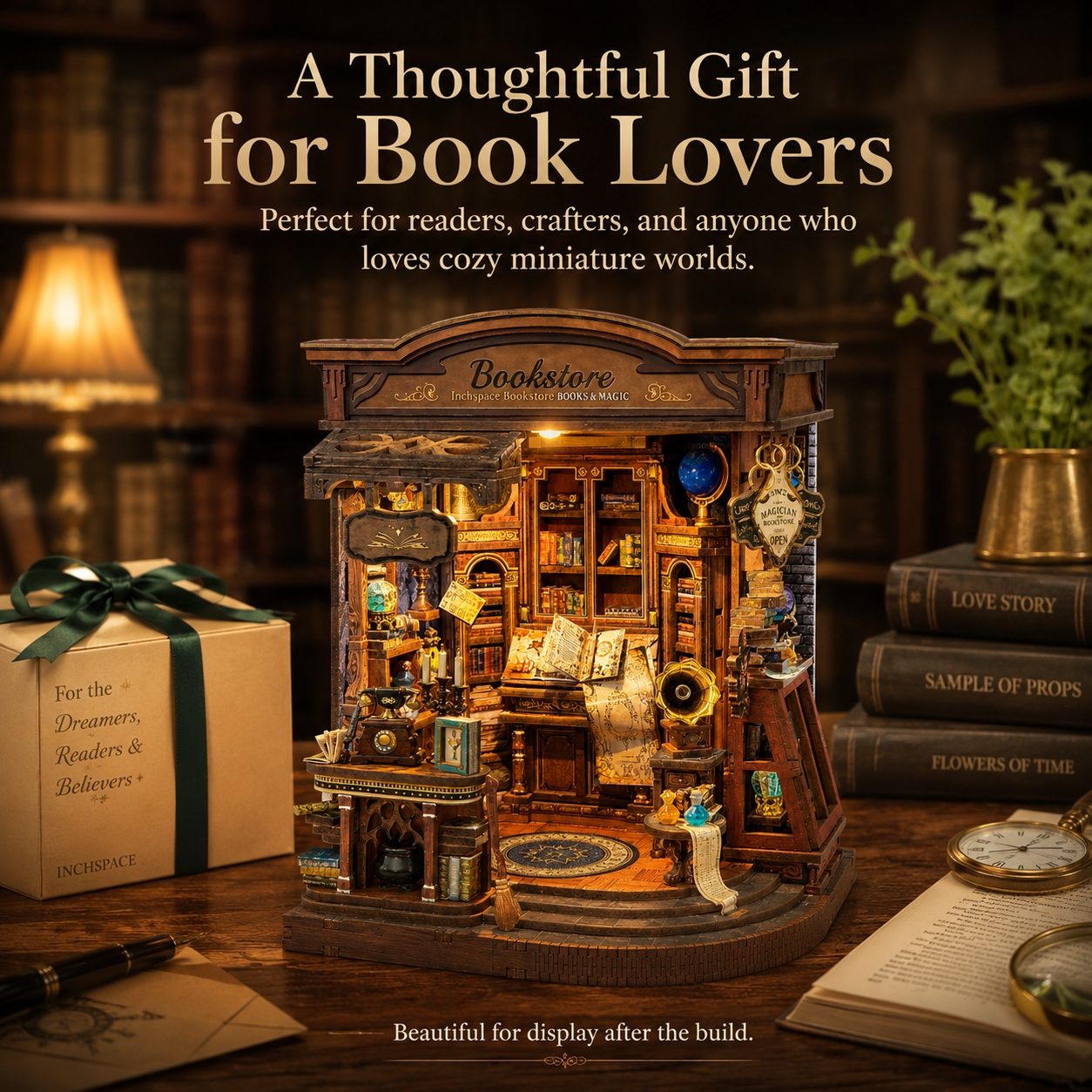 A miniature bookshop gift model displayed on a wooden table in a cozy library setting, with a wrapped gift box, books, and warm lighting in the background. Text at the top reads 'A Thoughtful Gift for Book Lovers'.