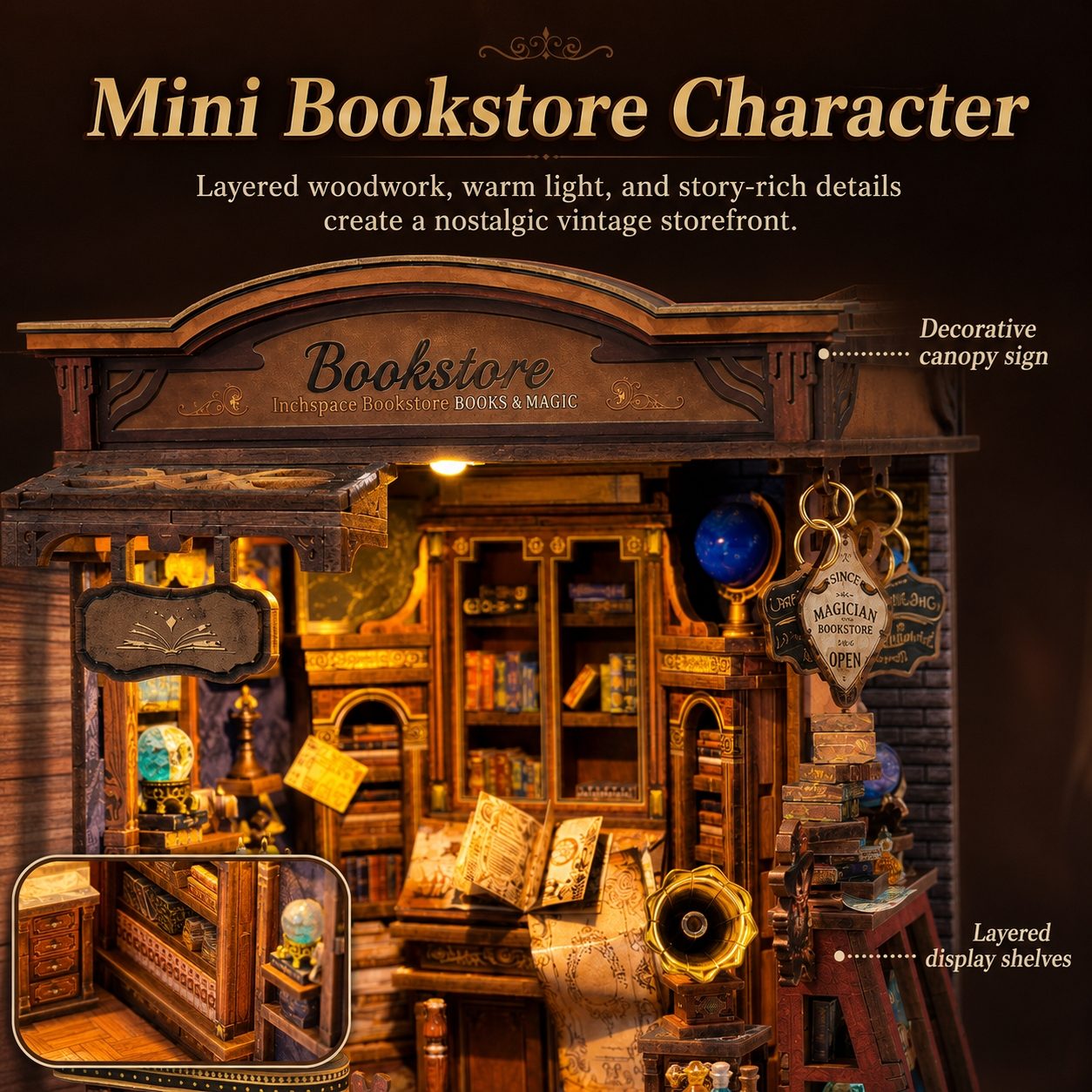 A miniature bookshop character display with warm vintage lighting, wooden shelves filled with books, a desk with open manuscripts, globes, and hanging signs, shown on a dark brown background with descriptive text callouts.