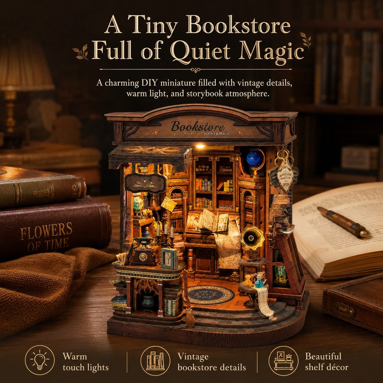 A decorative DIY miniature bookshop model displayed on a wooden table with books and a pen around it. The shop features warm glowing interior lights, shelves filled with tiny books and decor, and vintage-style details.
