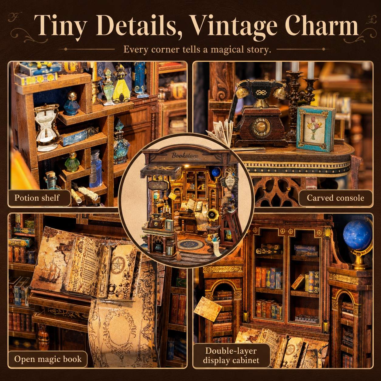 A collage-style promotional image for a miniature wooden bookshelf puzzle or model, showing multiple close-up views of a detailed vintage library interior. The central circular inset highlights the main miniature structure, while surrounding panels show labeled features such as a potion shelf, carved console, open magic book, and double-layer display cabinet.