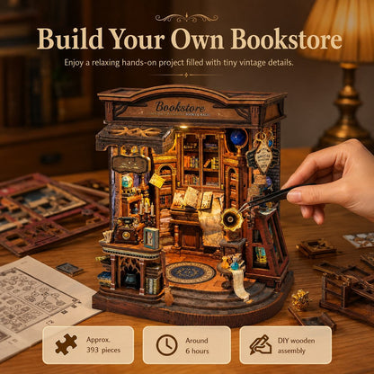A miniature DIY wooden bookshelf/bookstore model displayed on a wooden table, with a hand using tweezers to place a small piece. The scene includes text reading 'Build Your Own Bookstore' and feature icons for pieces, assembly time, and DIY wooden assembly.