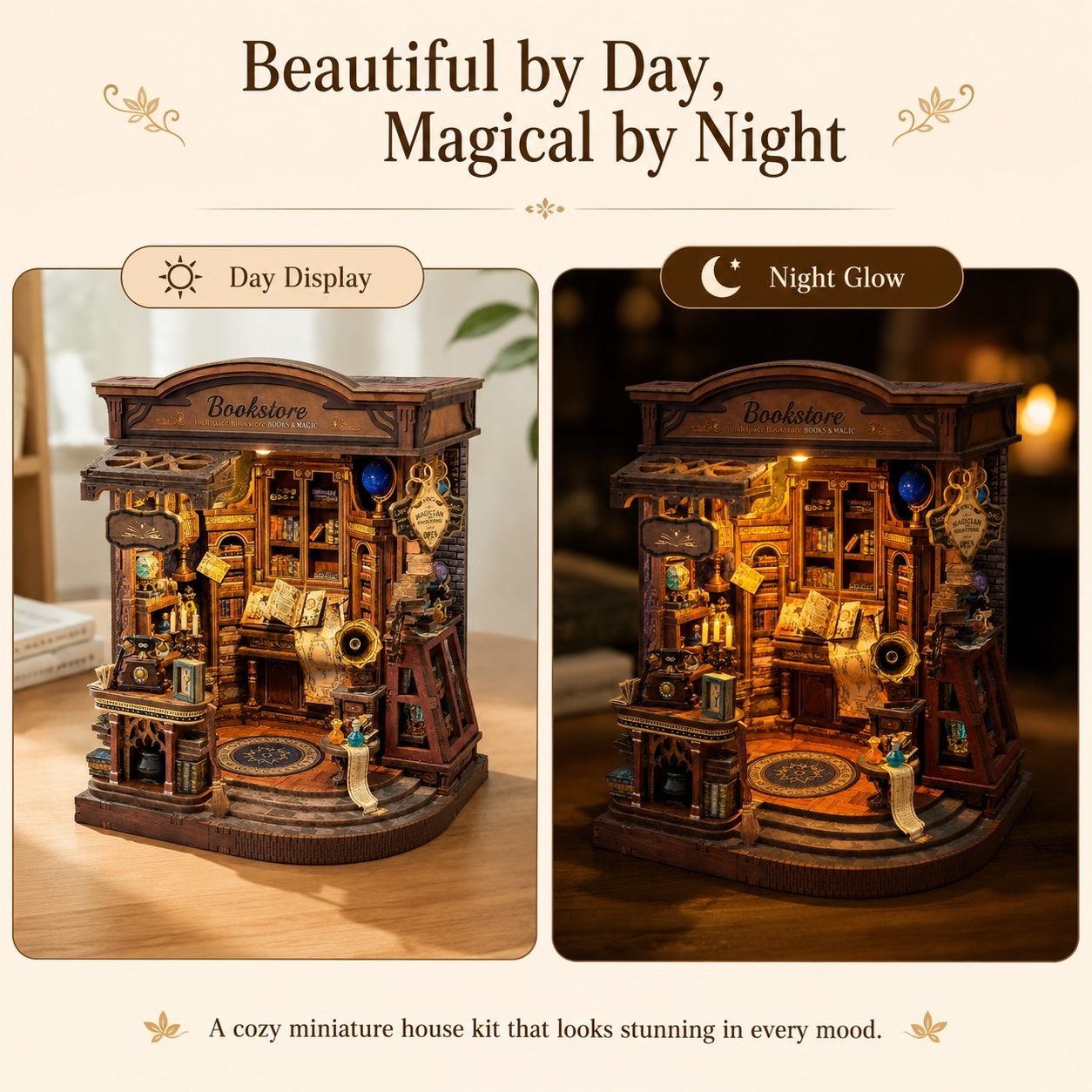 A promotional comparison showing a miniature bookshop house kit in daylight on the left and glowing at night on the right, with the text 'Beautiful by Day, Magical by Night' at the top.