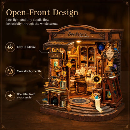 A decorative miniature bookshop display with warm interior lighting, shelves, books, and small display elements, shown on a dark wooden surface with marketing text and callouts about its open-front design and display depth.