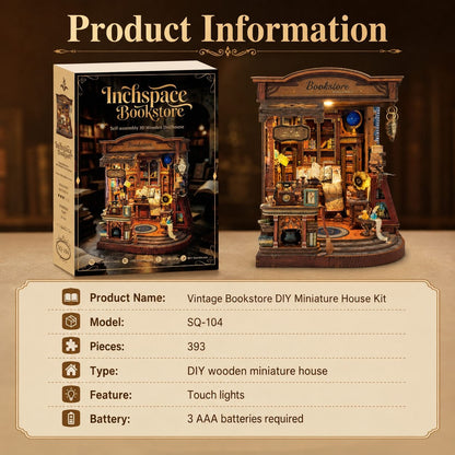 Product information graphic for the Inchspace Bookstore DIY miniature house kit, showing the retail box, the assembled wooden bookshelf structure with lit interior, and a specification table listing 393 pieces, touch lights, and 3 AAA batteries.