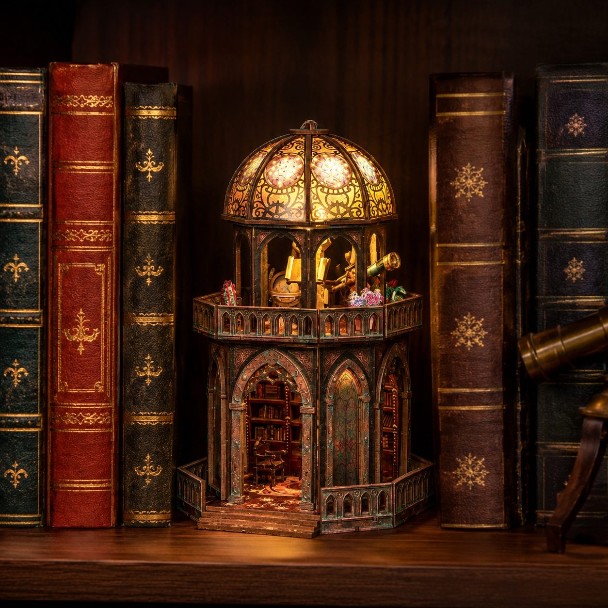 A miniature gothic library bookshelf night light with a domed ceiling and tiny figures, displayed on a wooden shelf between antique books.