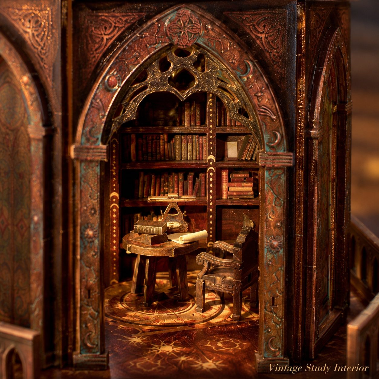 A miniature vintage study interior miniature diorama featuring a detailed gothic archway, miniature bookshelves, a small desk with books, a chair, and warm ambient lighting.