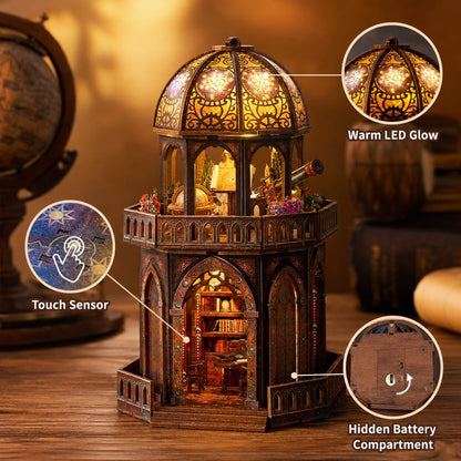 A miniature library tower with warm LED lighting, shown on a wooden surface with callout circles highlighting features such as touch sensor, warm LED glow, and hidden battery compartment.