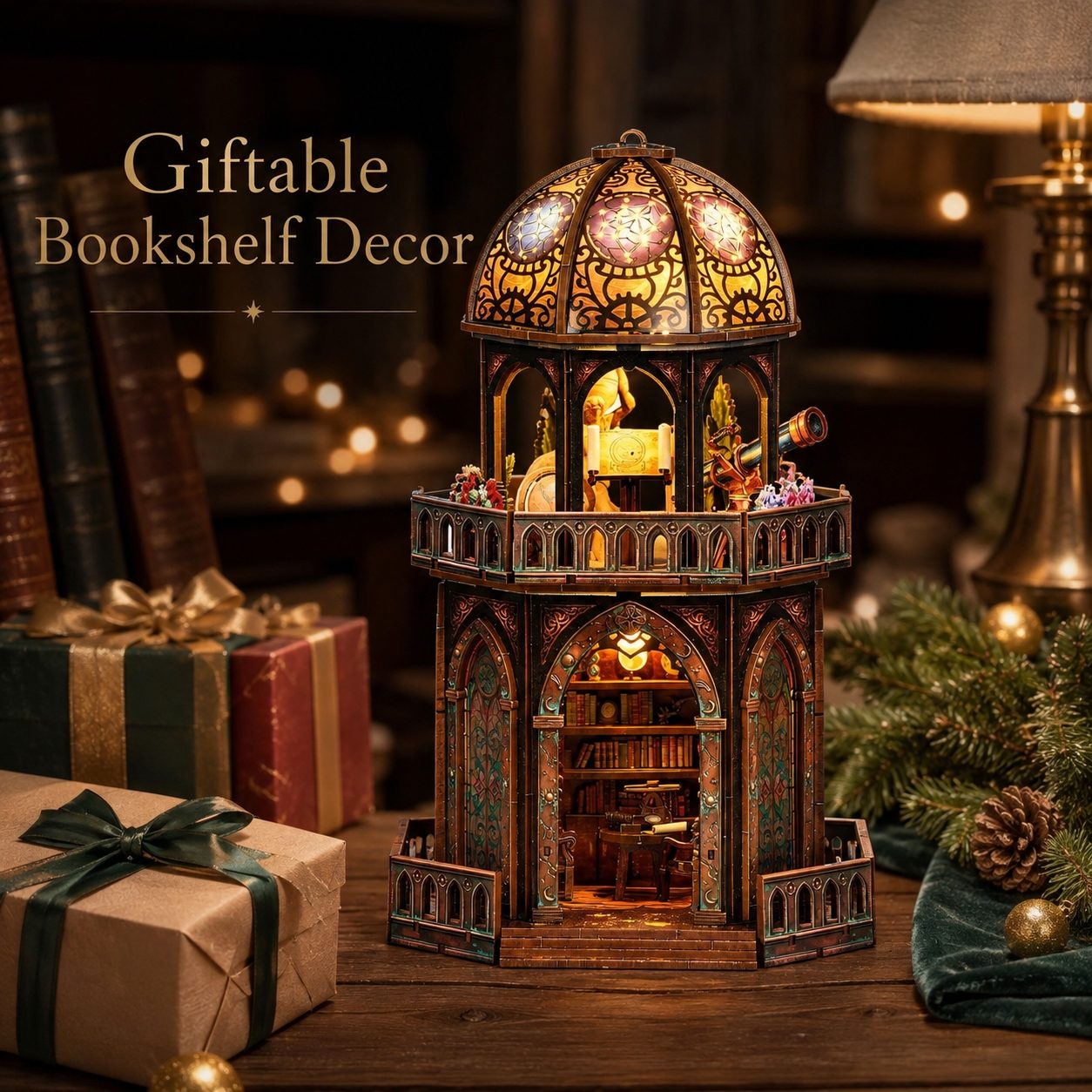 A miniature bookshelf tower with a lit interior and ornate stained-glass-style top, displayed on a wooden table with wrapped gifts, books, pine branches, and a lamp in a cozy room setting. Text in the upper left reads 'Giftable Bookshelf Decor'.