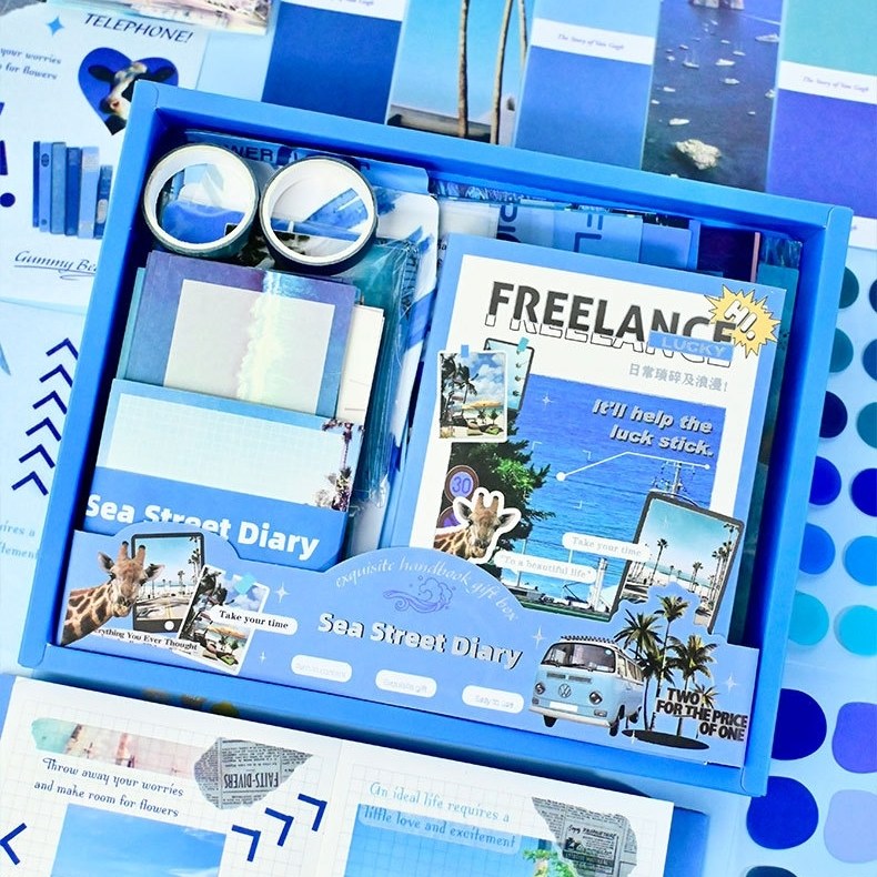 Blue DIY Journaling Kit with 'Sea Street Diary' and 'Freelance' themed items.