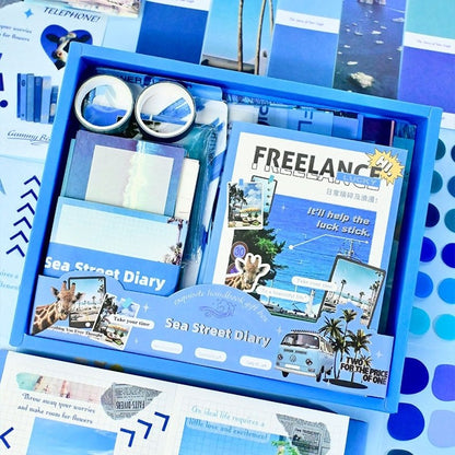 Blue DIY Journaling Kit with 'Sea Street Diary' and 'Freelance' themed items.