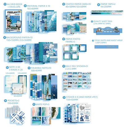 Collection of stationery items with blue and white theme on a white background