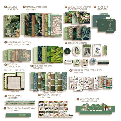 Collection of DIY Journaling Kit items with green and brown color theme