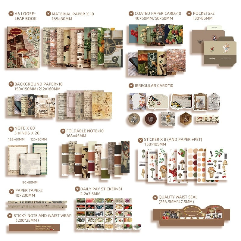 Collection of DIY Journaling Kit items including paper books, cards, and stickers 