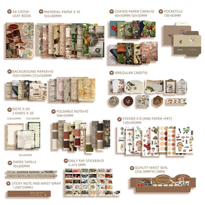 Collection of DIY Journaling Kit items including paper books, cards, and stickers 