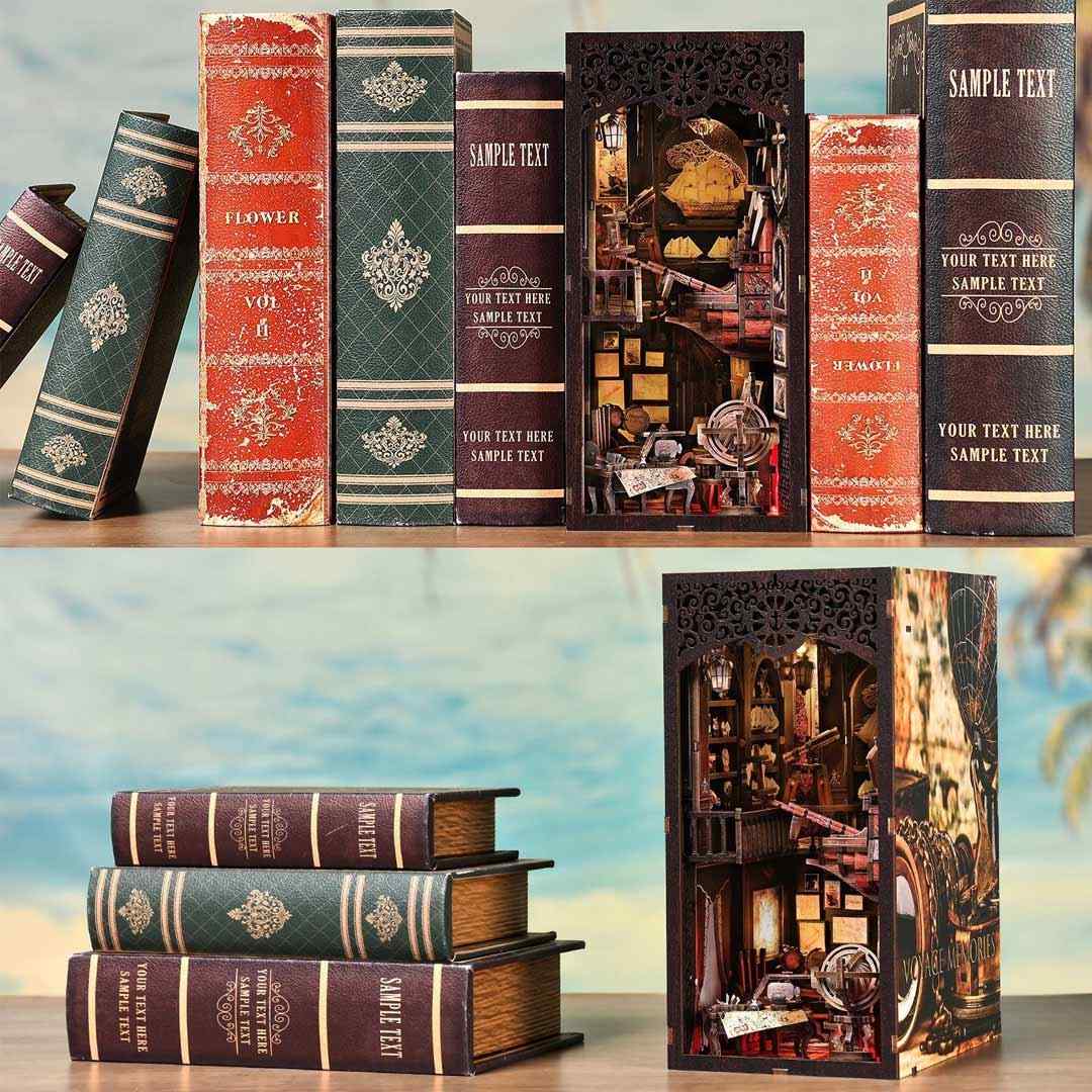 assembled Voyage Memories Model between books as bookshelf decoration