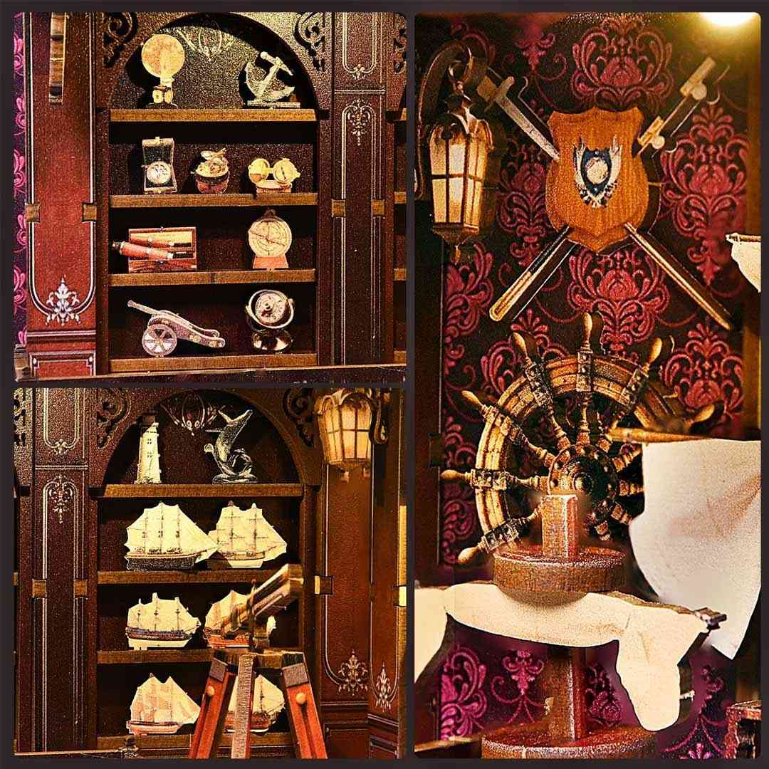close-up interior with bookshelf, ship models, and decorative elements in the Voyage Memories Book Nook