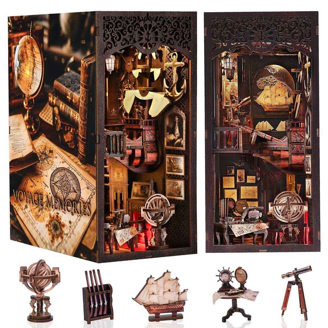 Voyage Memories Book Nook with intricate designs and small miniature models on a white background