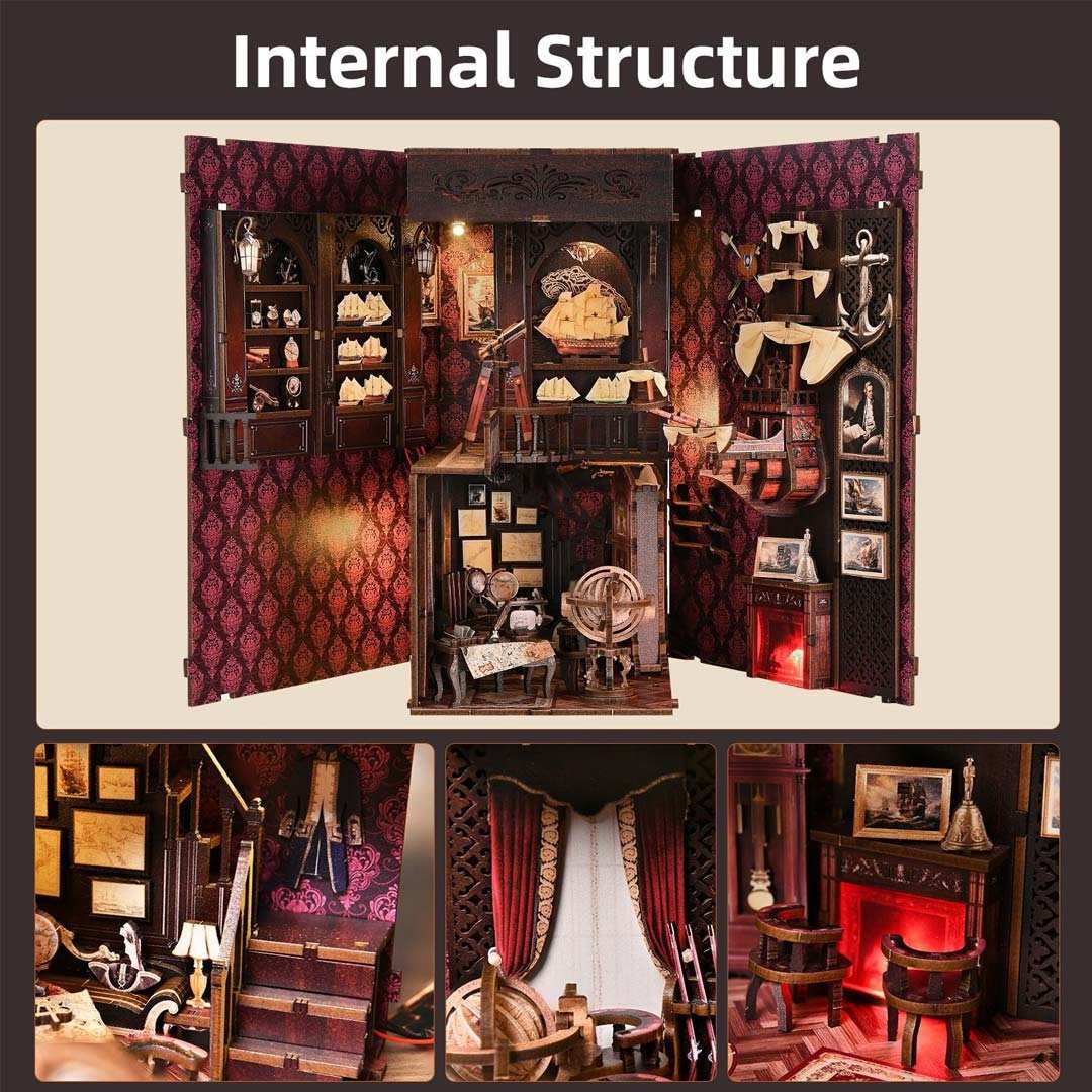 spread-out the interior structure design of Voyage Memories Book Nook, with various miniature furniture and decor elements, showcasing intricate interior design