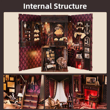 spread-out the interior structure design of Voyage Memories Book Nook, with various miniature furniture and decor elements, showcasing intricate interior design