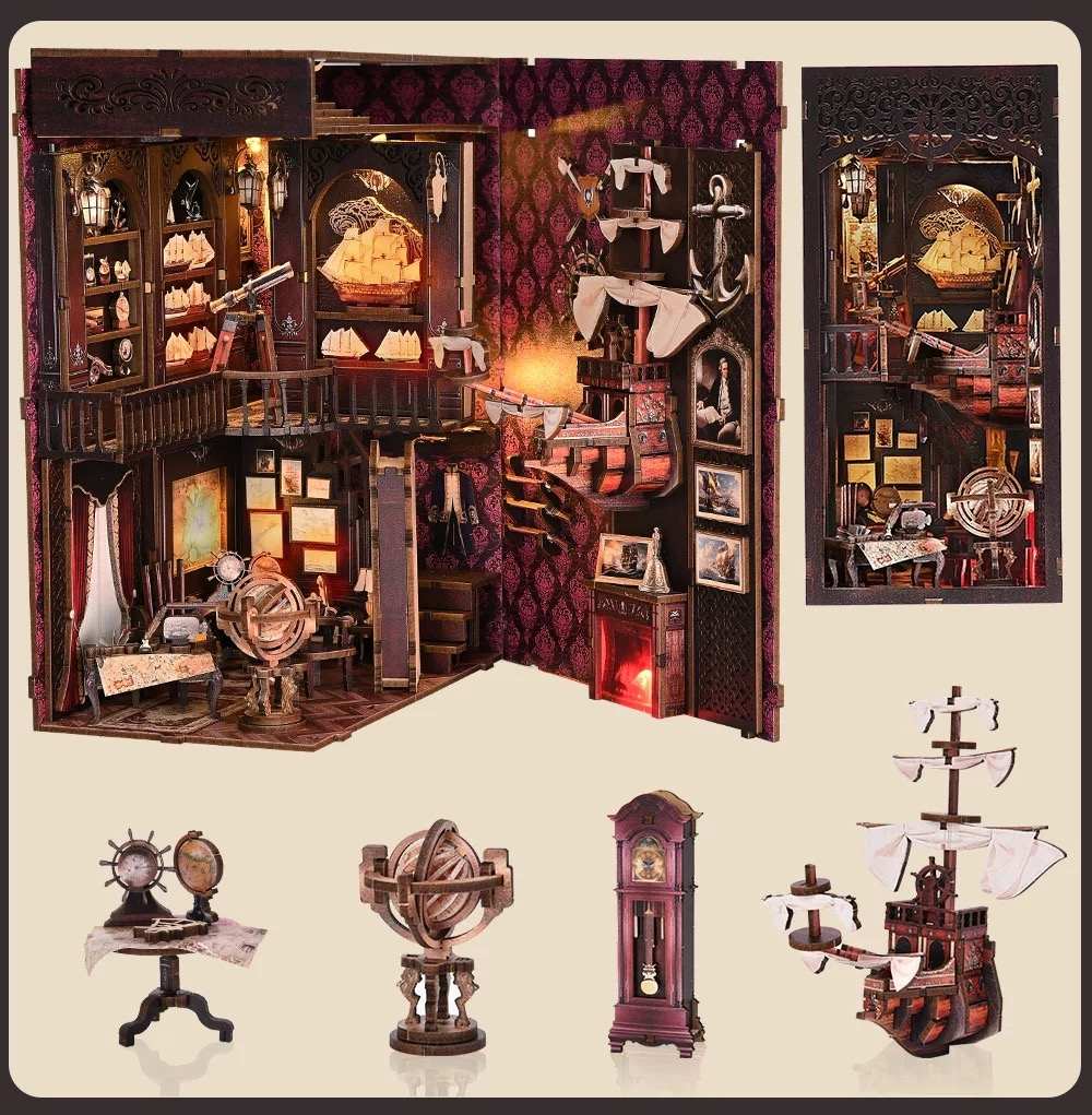 image displaying the internal design of Voyage Memories with various miniature objects and accessories, including a ship model.