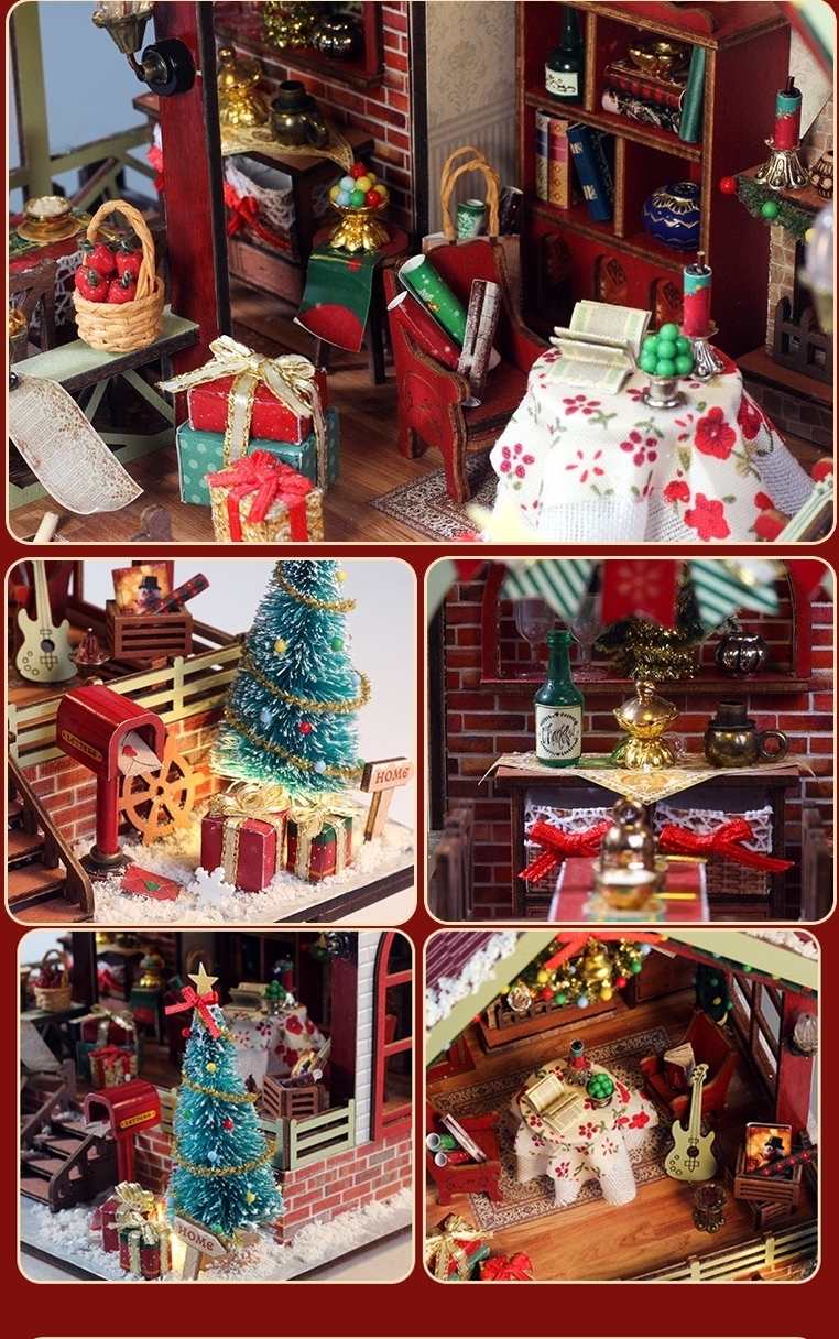 Collage of a miniature Christmas scene with decorations and furniture.