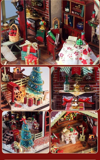 Collage of a miniature Christmas scene with decorations and furniture.