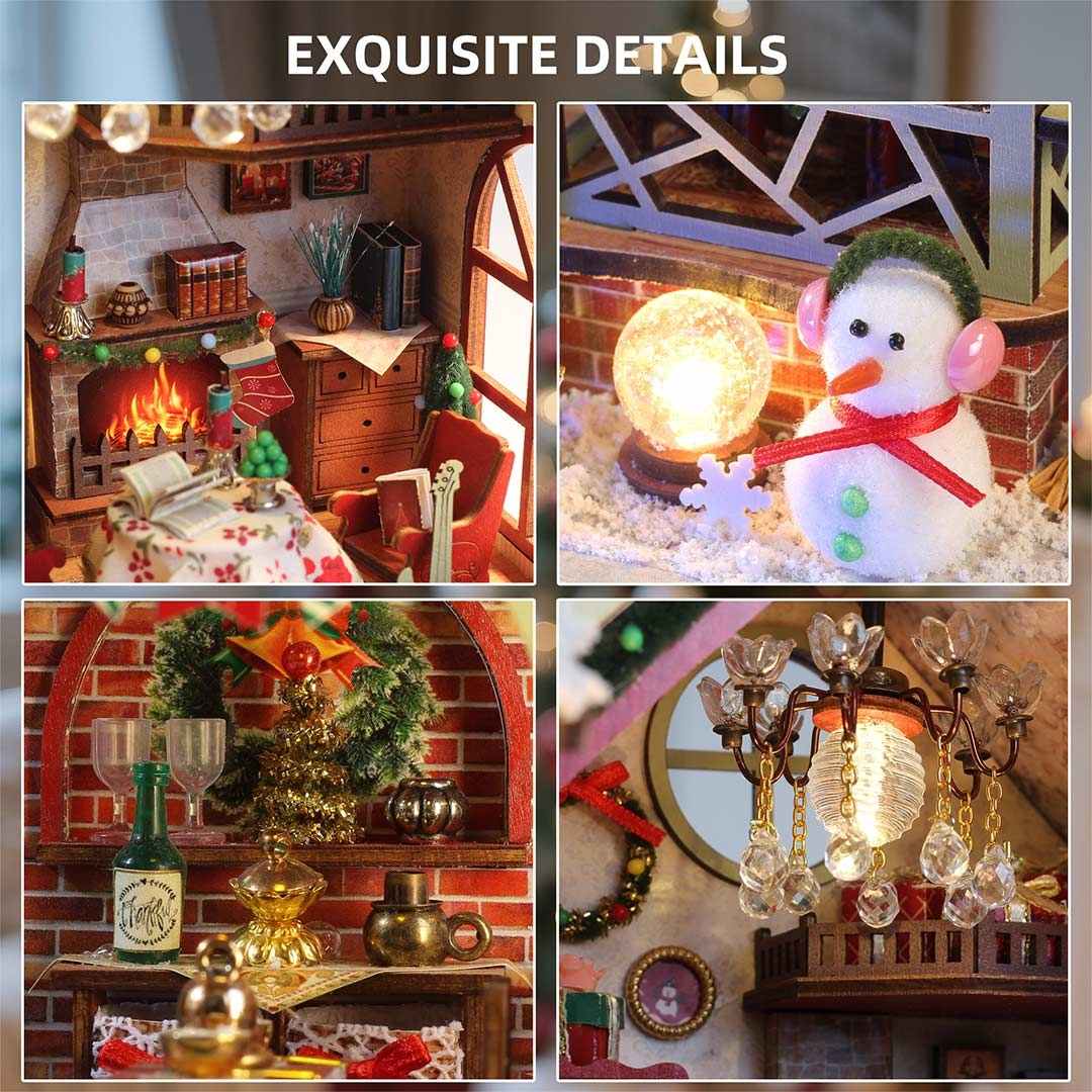 Collage of miniature Christmas decorations with detailed settings and festive elements.