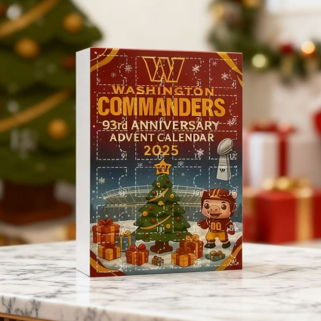 Washington Commanders 93rd Anniversary Advent Calendar 2025 on a table with Christmas decorations in the background