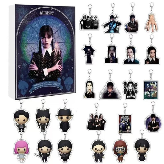 Collection of 'Wednesday Addams' themed keychains and a countdown surprise box