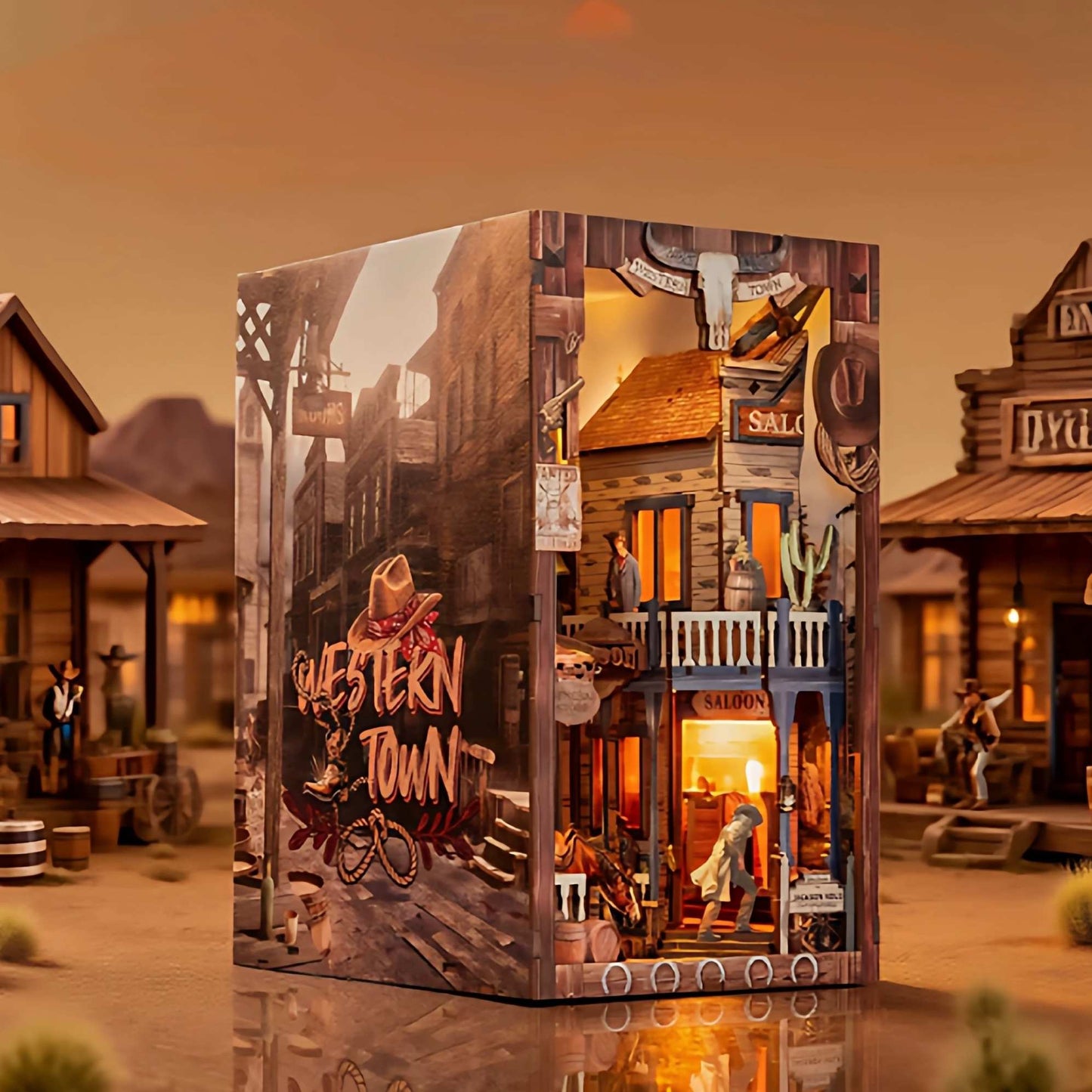 wooden book end Box for a 'West Town' themed diorama model set against a desert town backdrop