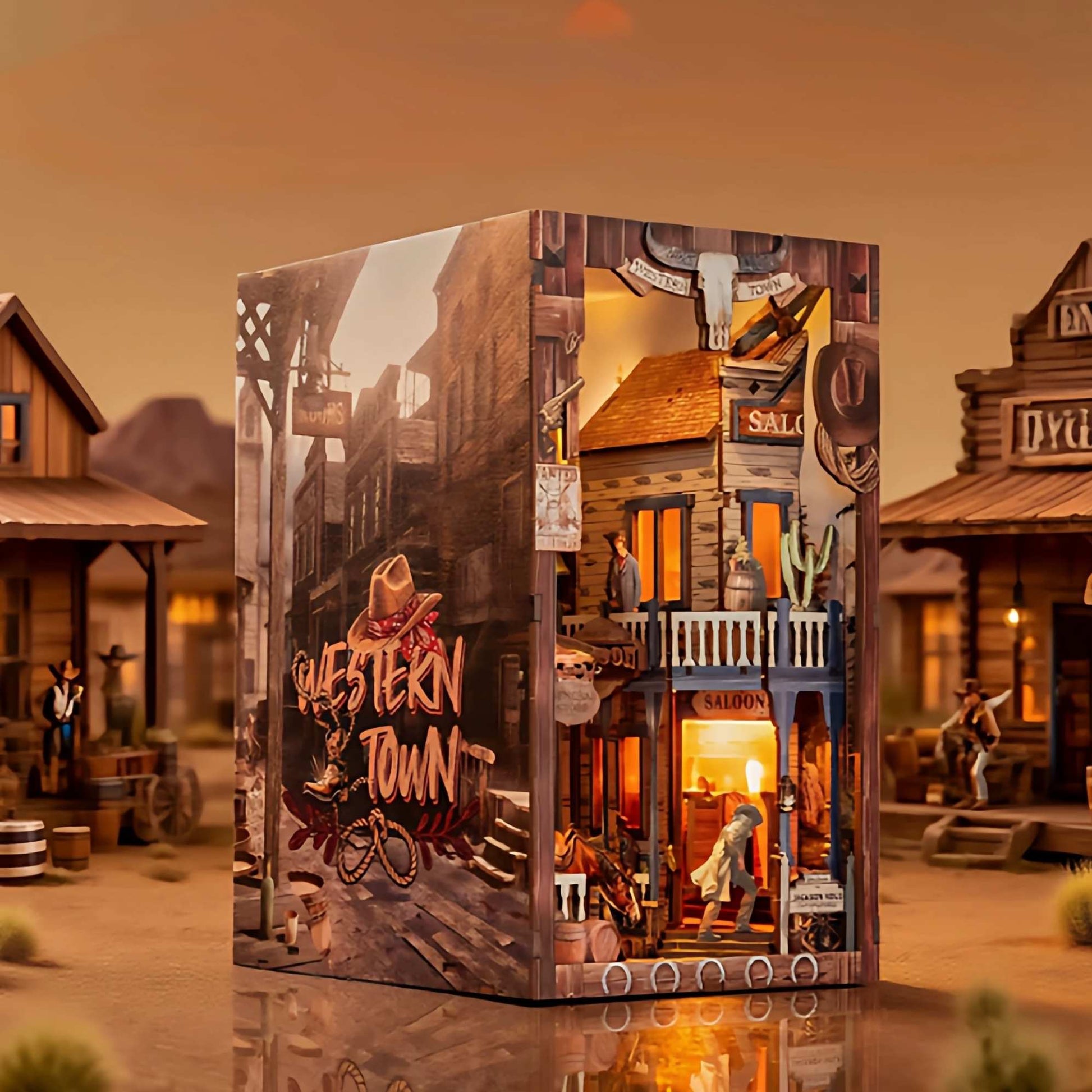 wooden book end Box for a 'West Town' themed diorama model set against a desert town backdrop