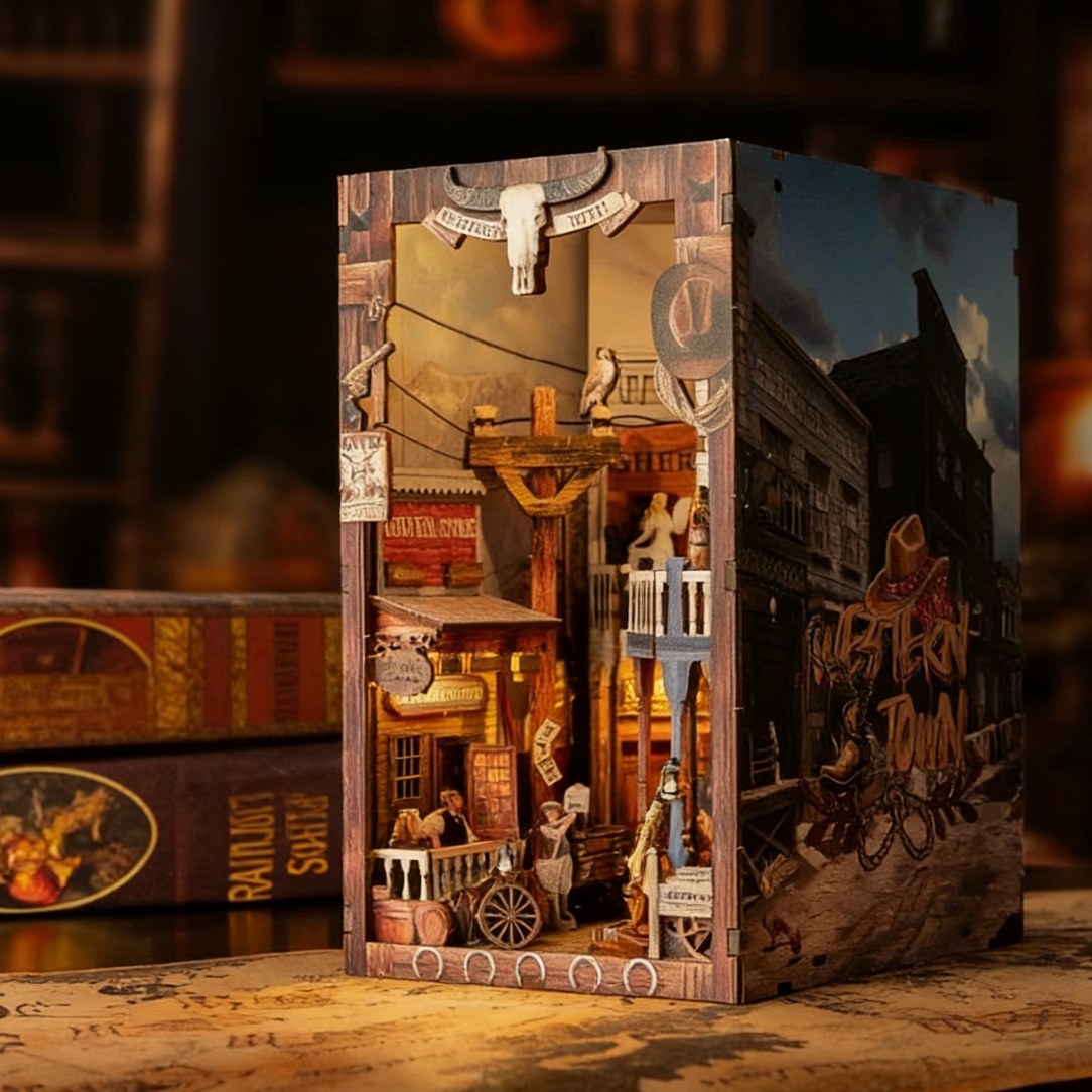 western town themed Wooden diorama with miniature figures and details on a wooden surface.
