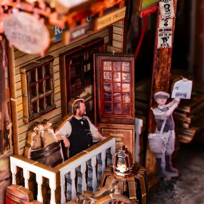 Detailed model of a western town scene with people and vintage decor.