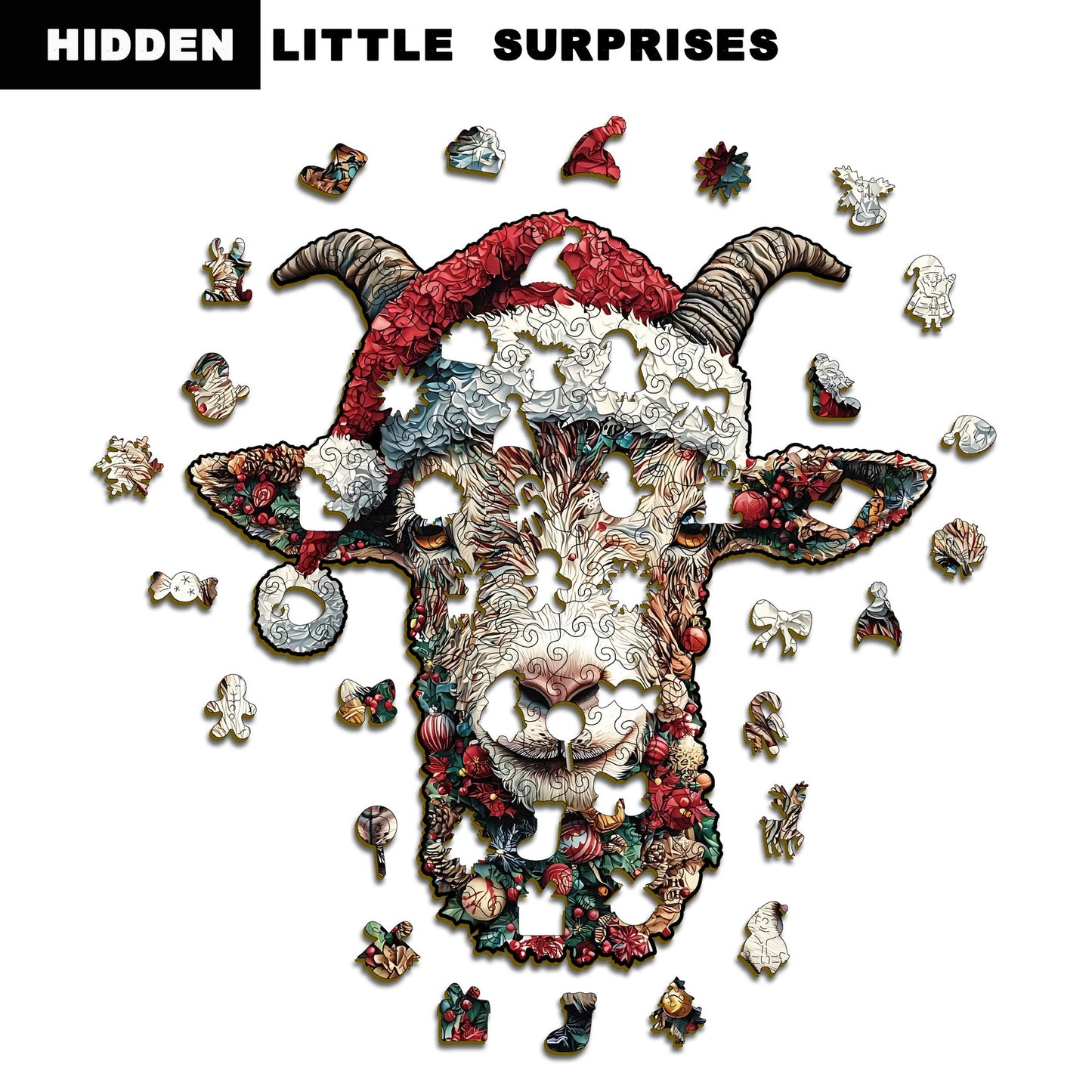 Whimsy Christmas Goat Wooden Jigsaw Puzzle