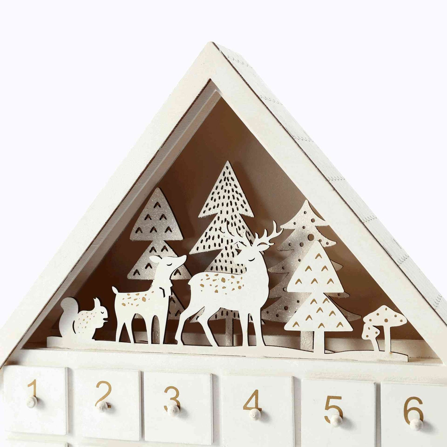 White Forest wooden Christmas Countdown Advent Calendar with 24 drawers, featuring charming forest elements like deer, squirrels, mushrooms, and snow-dusted trees