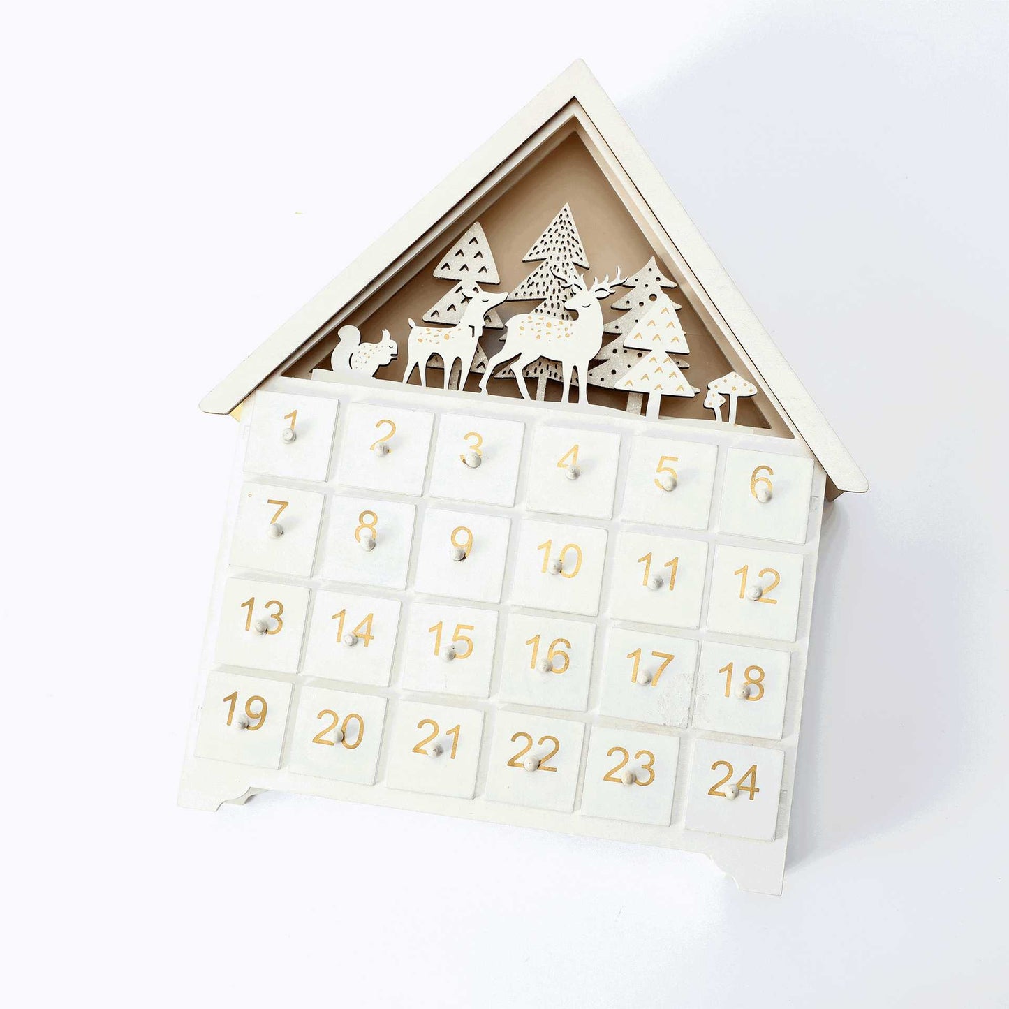 White Forest wooden Christmas Countdown Advent Calendar with 24 drawers, featuring charming forest elements like deer, squirrels, mushrooms, and snow-dusted trees