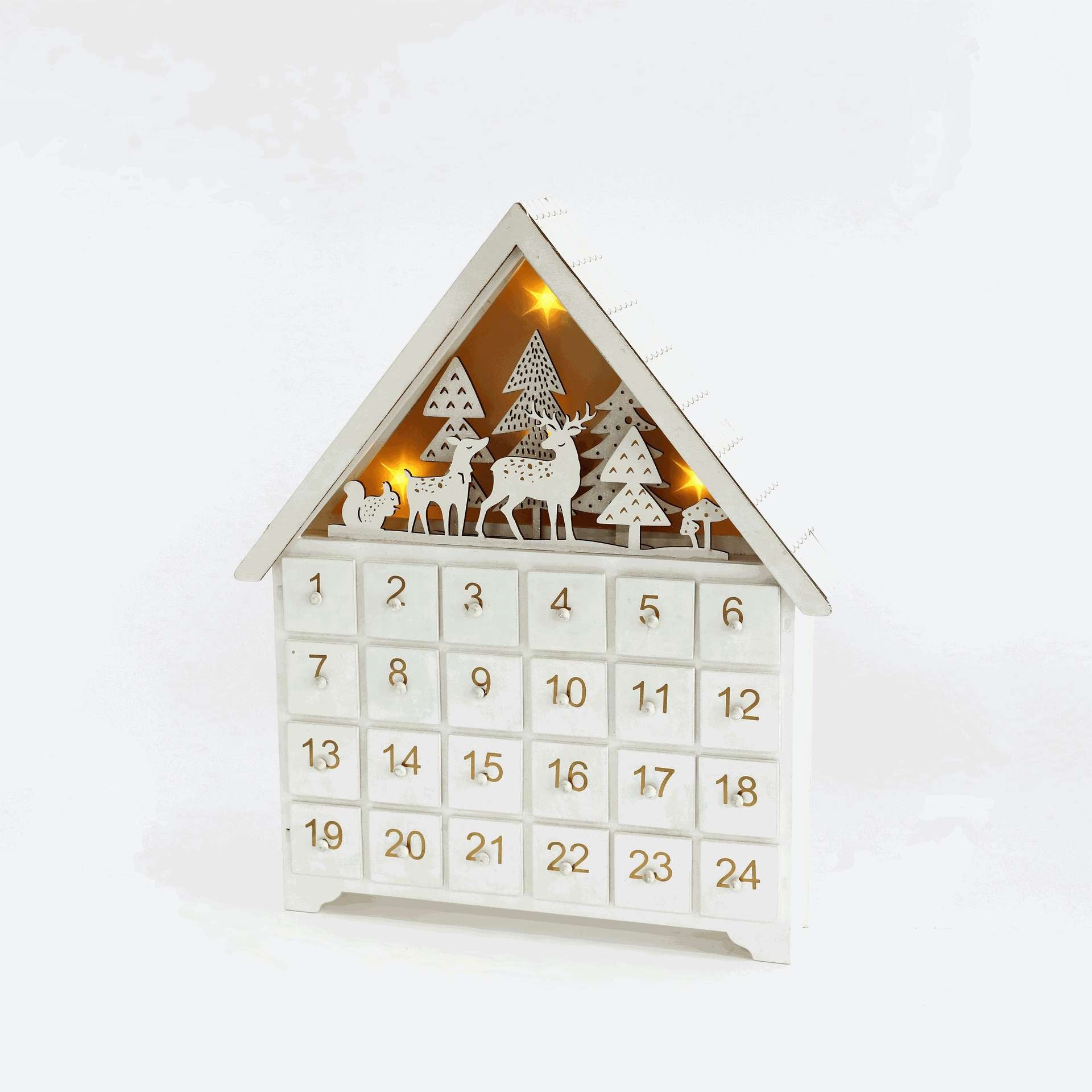 White Forest wooden Christmas Countdown Advent Calendar with 24 drawers, featuring charming forest elements like deer, squirrels, mushrooms, and snow-dusted trees