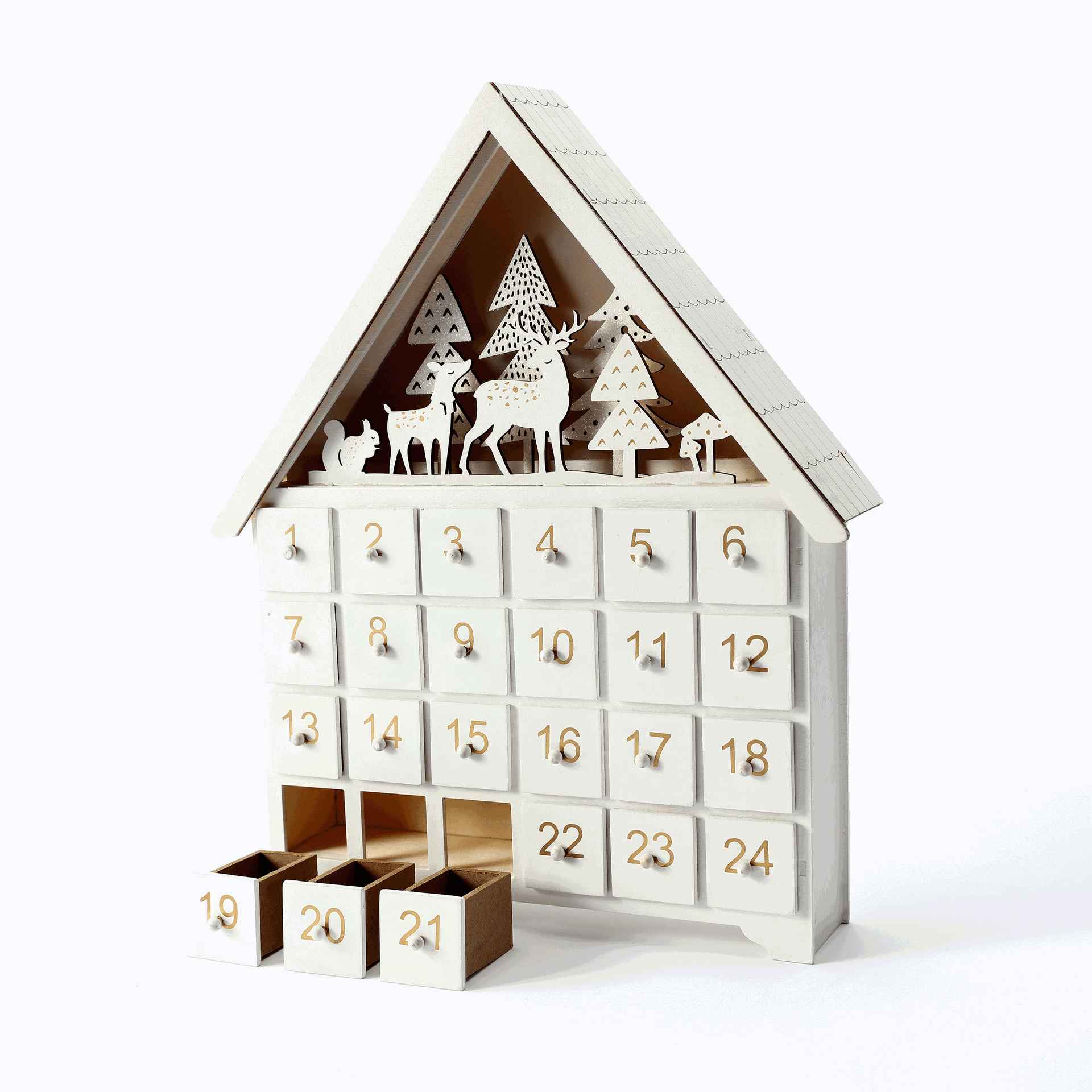 White Forest wooden Christmas Countdown Advent Calendar with 24 drawers, featuring charming forest elements like deer, squirrels, mushrooms, and snow-dusted trees