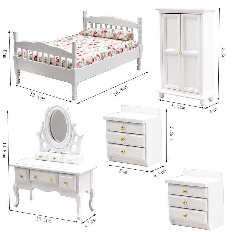 White Miniature 5-Piece Bedroom Set for dollhouses, including a bed, wardrobe, nightstand, dresser, and mirror in 1:12 scale with a sleek white finish