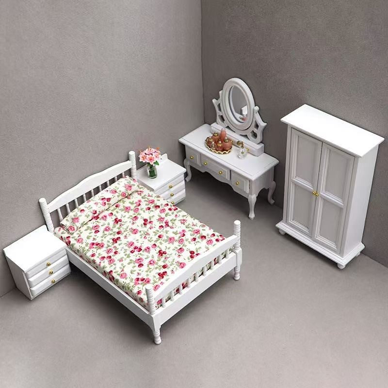 White Miniature 5-Piece Bedroom Set for dollhouses, including a bed, wardrobe, nightstand, dresser, and mirror in 1:12 scale with a sleek white finish