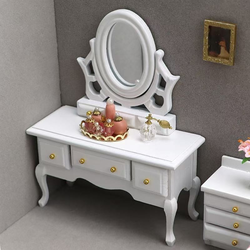 White Miniature 5-Piece Bedroom Set for dollhouses, including a bed, wardrobe, nightstand, dresser, and mirror in 1:12 scale with a sleek white finish