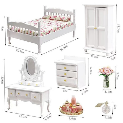 White Miniature 5-Piece Bedroom Set for dollhouses, including a bed, wardrobe, nightstand, dresser, and mirror in 1:12 scale with a sleek white finish