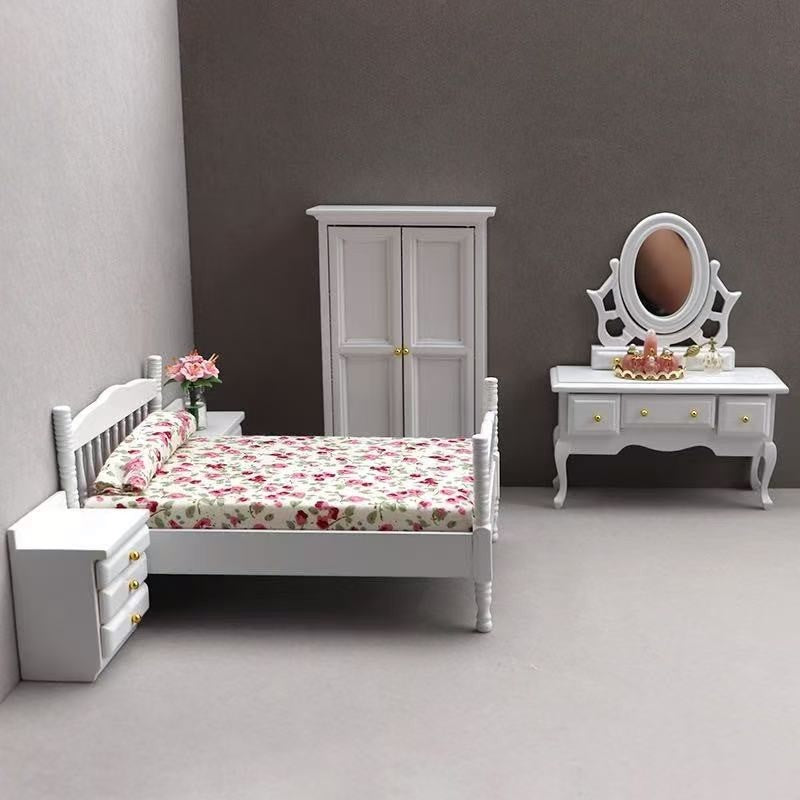 White Miniature 5-Piece Bedroom Set for dollhouses, including a bed, wardrobe, nightstand, dresser, and mirror in 1:12 scale with a sleek white finish