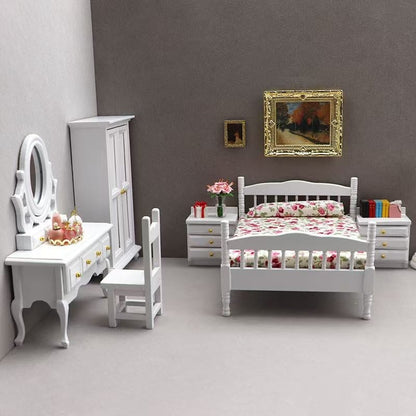 White Miniature 5-Piece Bedroom Set for dollhouses, including a bed, wardrobe, nightstand, dresser, and mirror in 1:12 scale with a sleek white finish