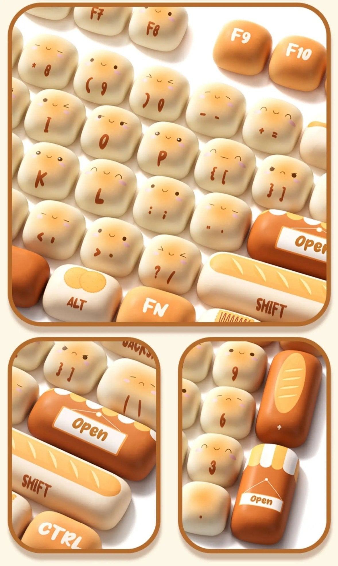 Keyboard with bread-themed keys on a white background