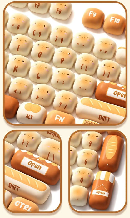 Keyboard with bread-themed keys on a white background